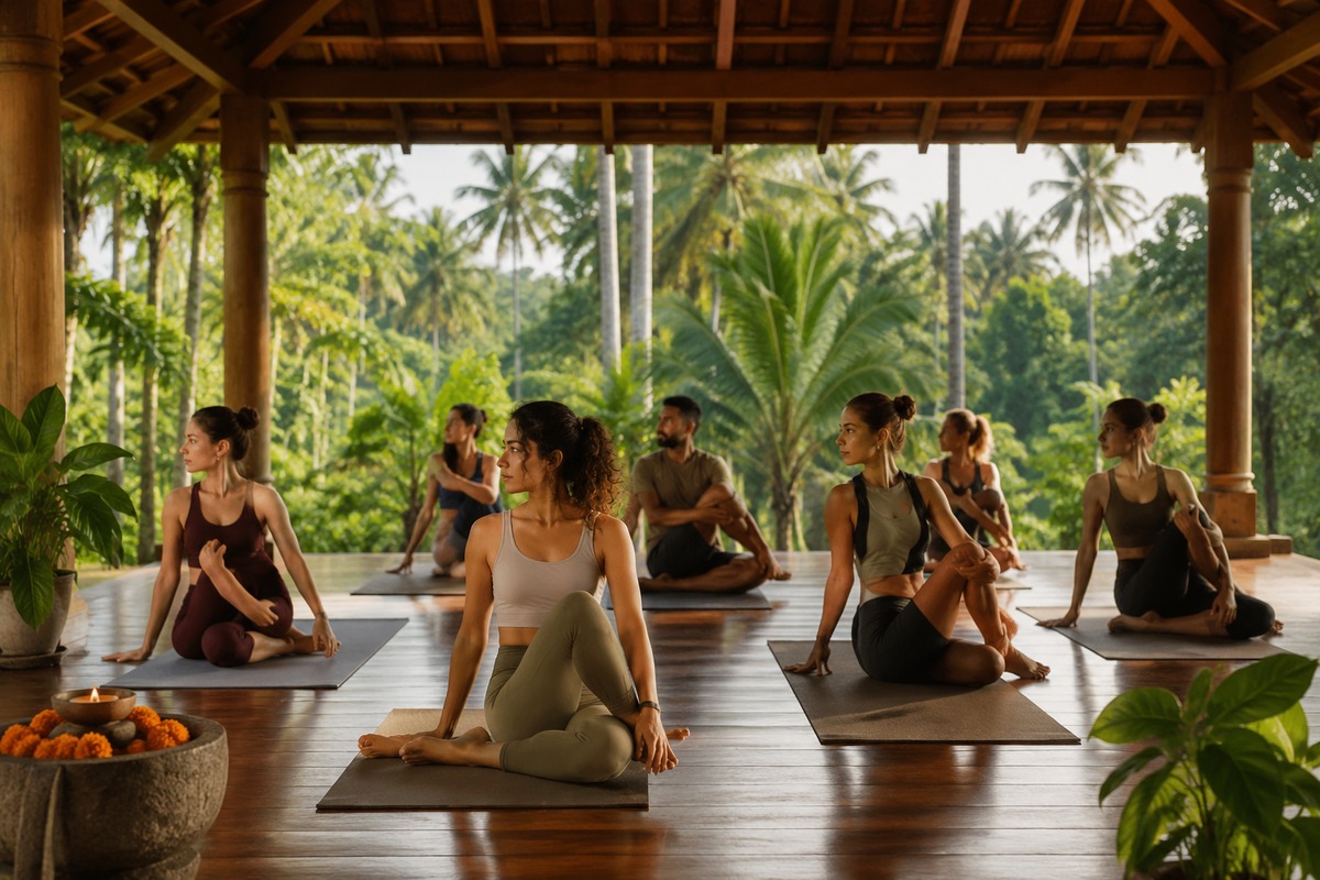 Clase de yoga en un pabellón tropical de kerala