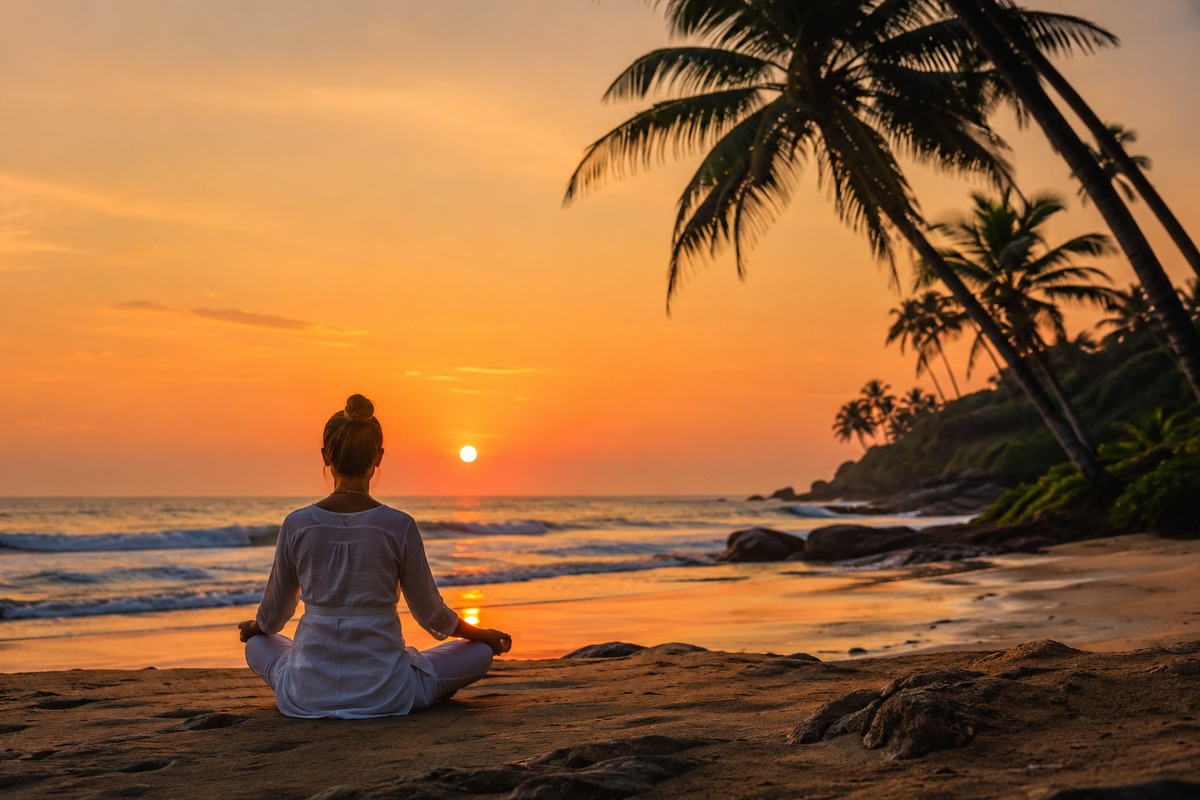 Meditación en una playa de kerala al atardecer