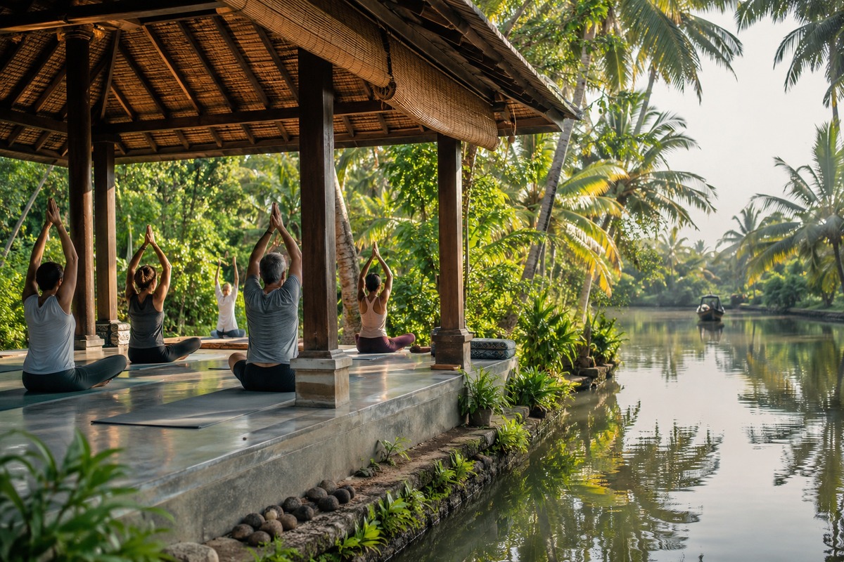 Retiro de yoga en kerala junto backwaters con clase grupal