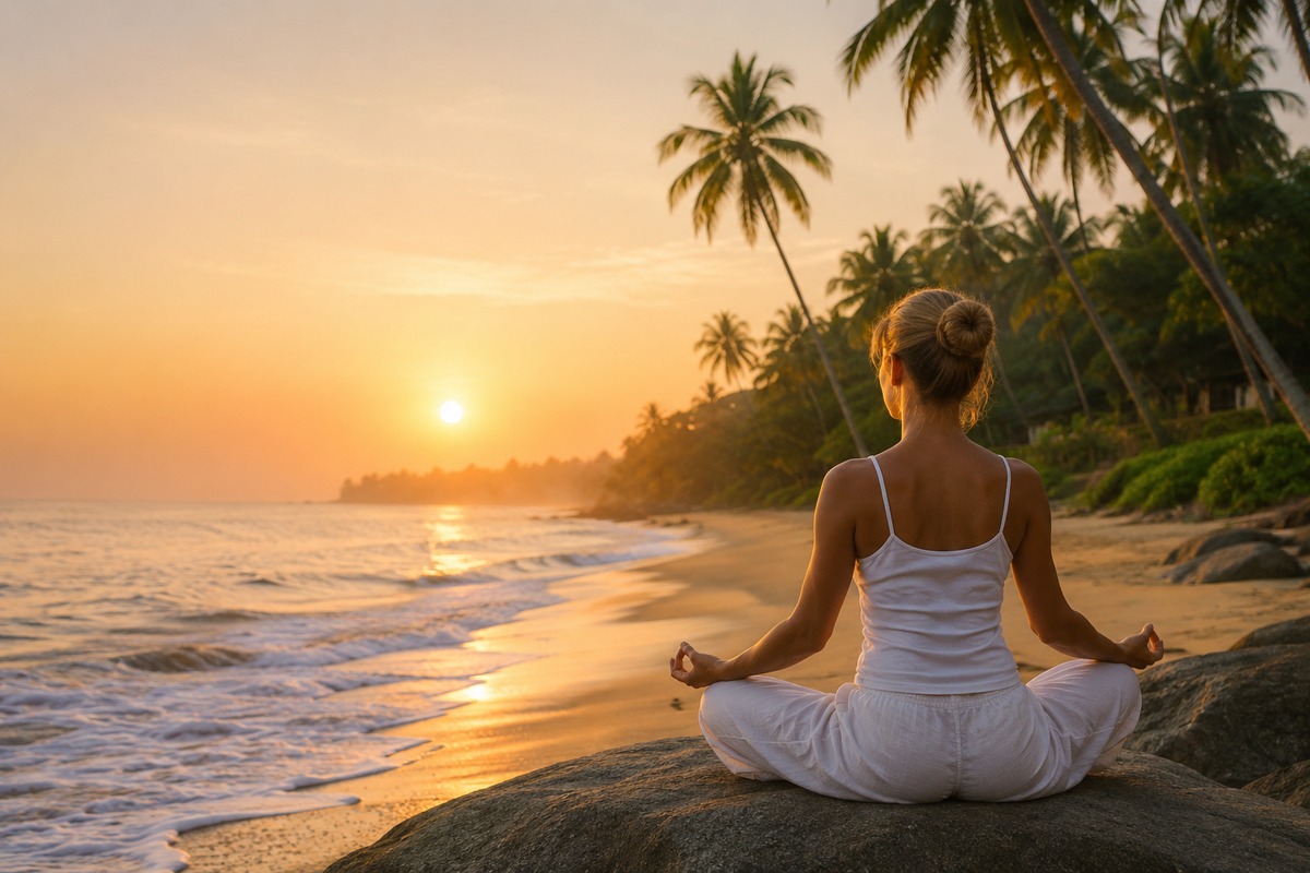Retiro de yoga en kerala en la playa al amanecer